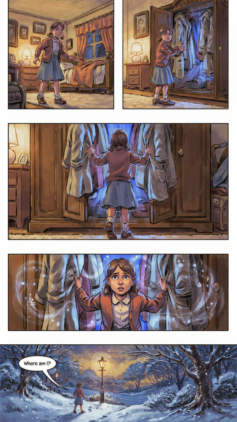 A rendered comic page: a girl steps through a wardrobe into a snow-lit world, panel by panel