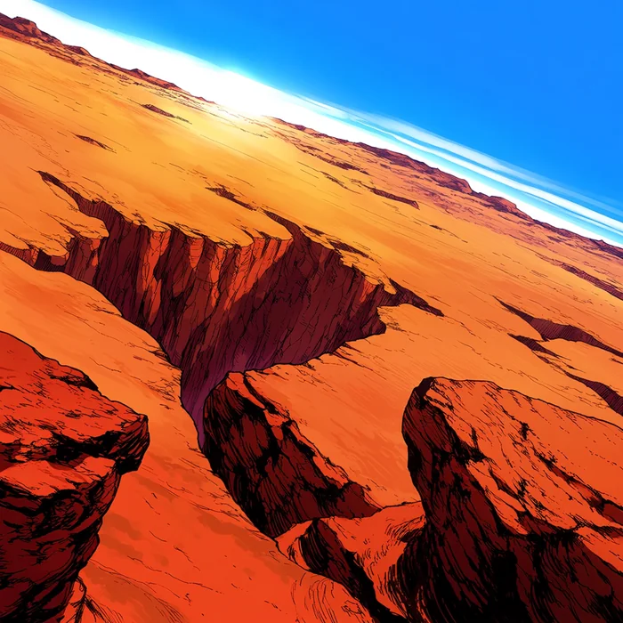A dramatic establishing panel of a red canyon under a thin blue horizon