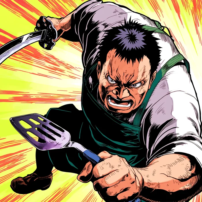 An inked action panel of a cook lunging with a spatula and blade