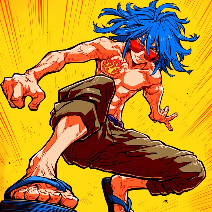 An inked action panel of a fighter mid-leap against bold rays